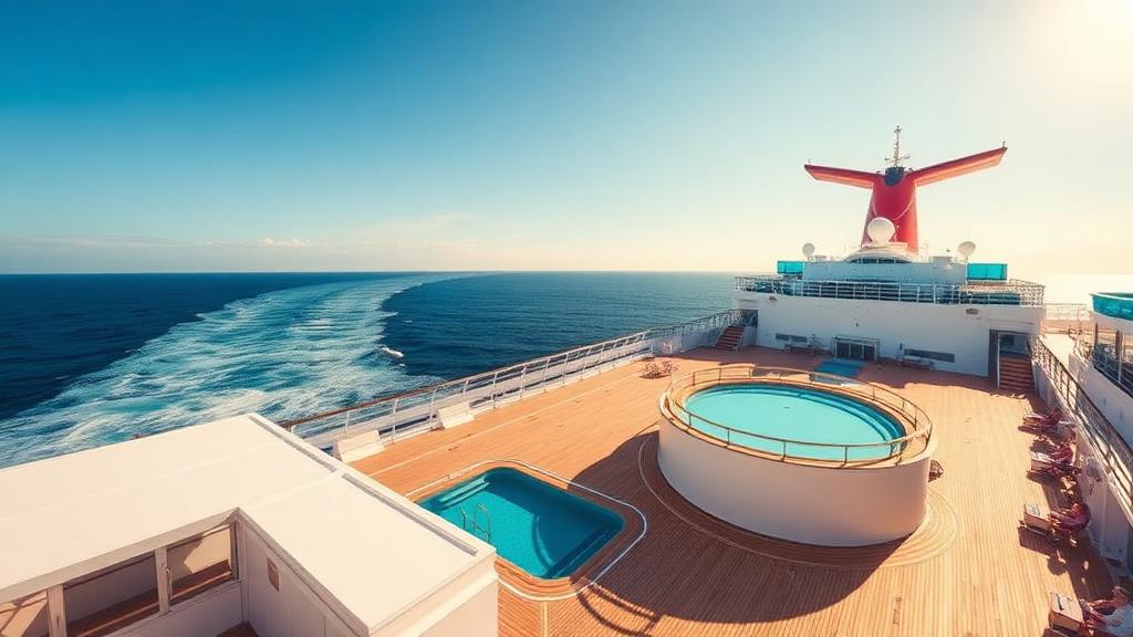 Deck de navio de cruzeiro com piscina em alto-mar