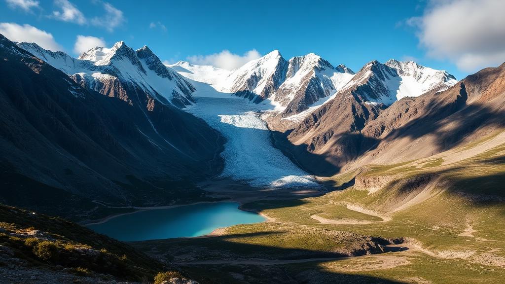 Montanhas nevadas e lago glacial na Patagônia