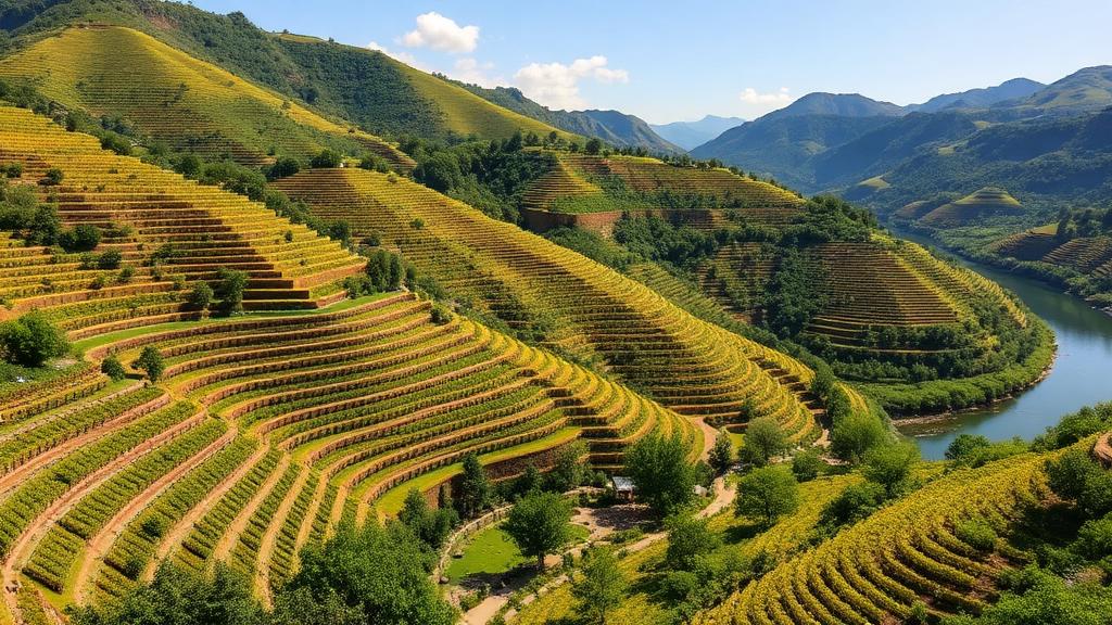 Vinhedos em terraços no Vale do Douro, Portugal