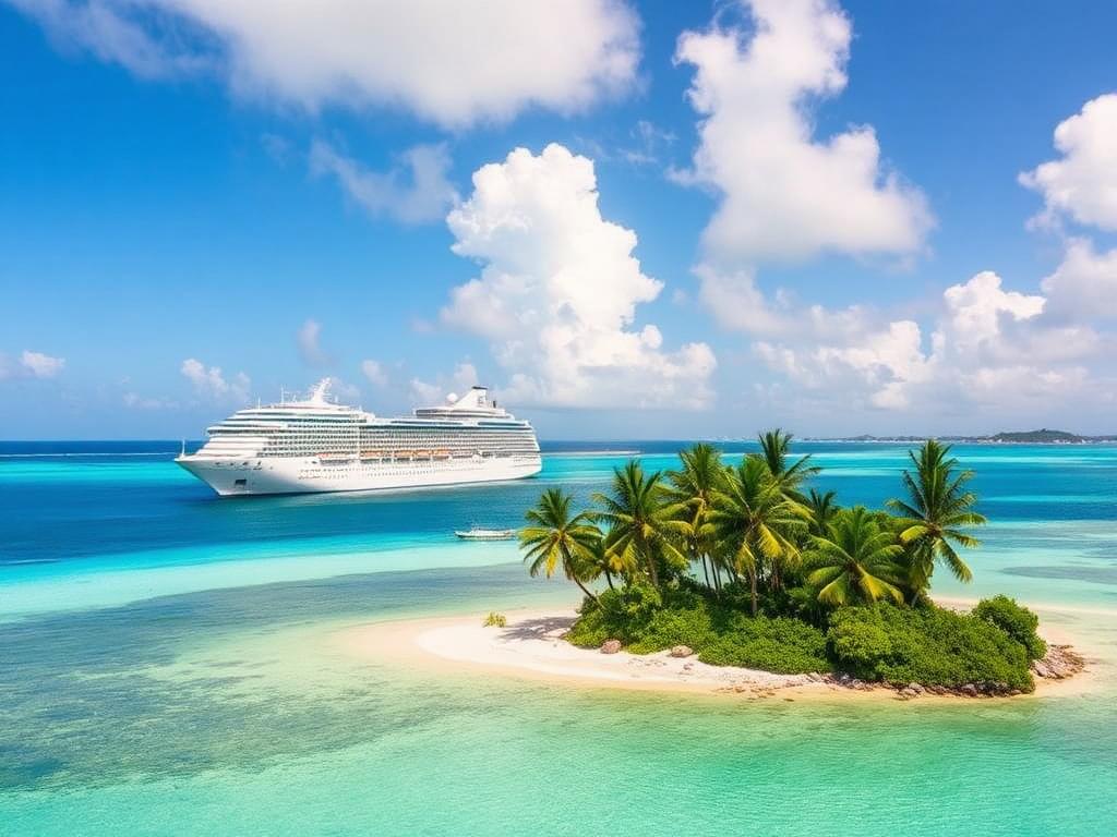 Navio de cruzeiro ancorado próximo a uma ilha do Caribe