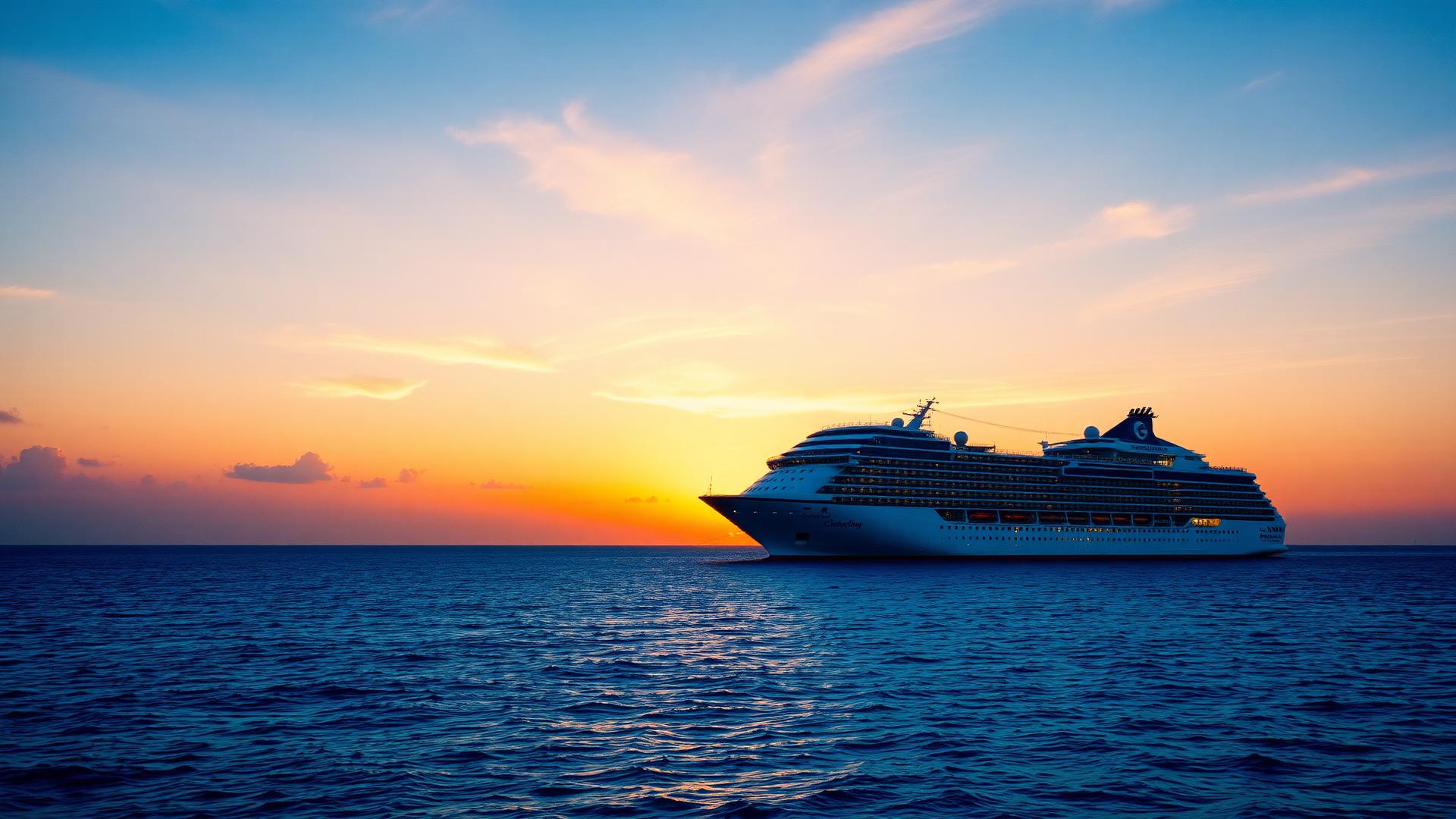 Navio de cruzeiro navegando no mar ao pôr do sol